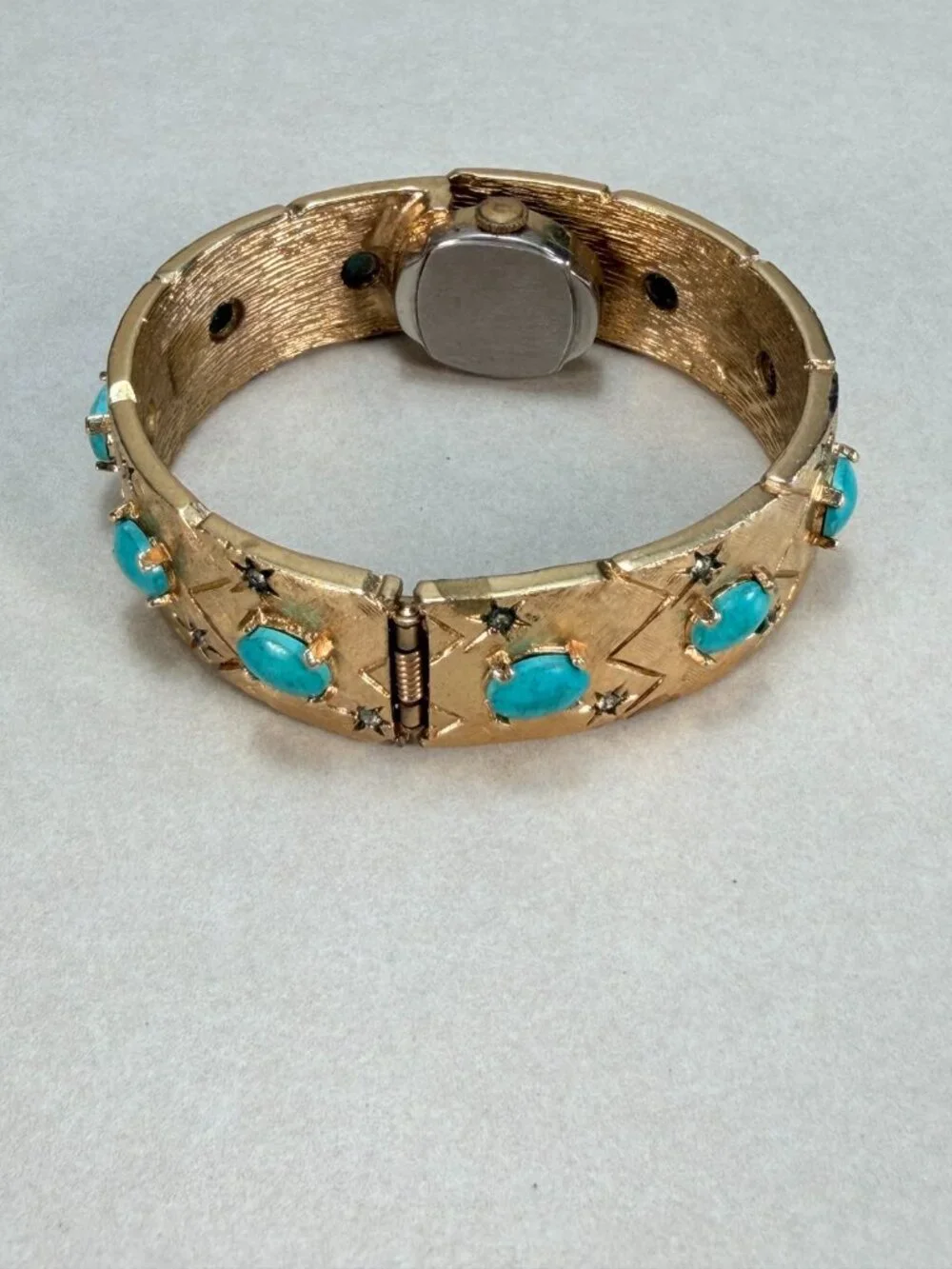 Vintage Endura Swiss Ladies Bracelet Watch Turquoise Rhinestones Runs No Crystal